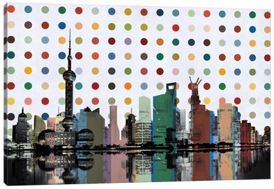 Shanghai, China Colorful Polka Dot Skyline Canvas Art Print - Skylines Collection