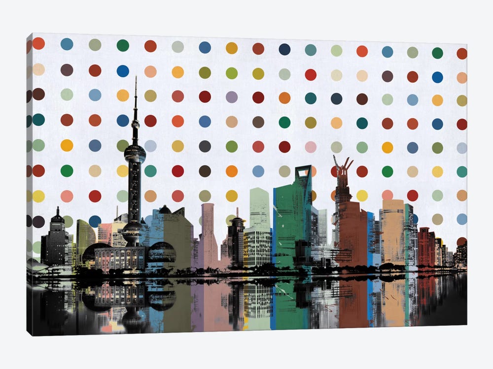 Shanghai, China Colorful Polka Dot Skyline by Unknown Artist 1-piece Canvas Artwork