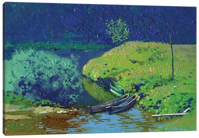 Boats Chusovaya River Kyn Urals Canvas Art Print - Simon Kozhin