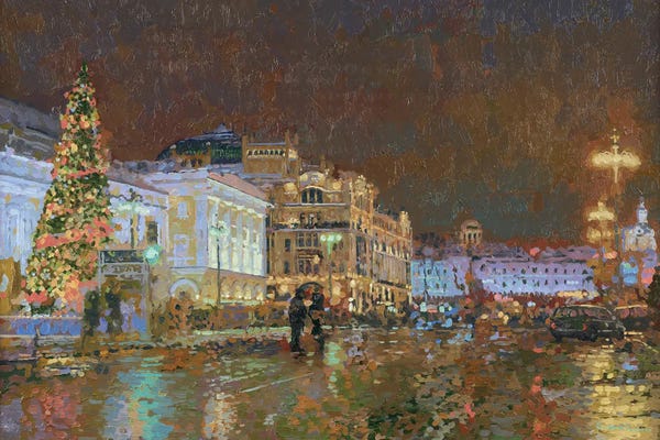 Illuminated Oil Paintings: New Year. View Of The Metropol Hotel. by Simon Kozhin