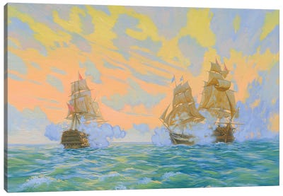 Fight Brig Mercury With Two Turkish Ships Canvas Art Print - Simon Kozhin
