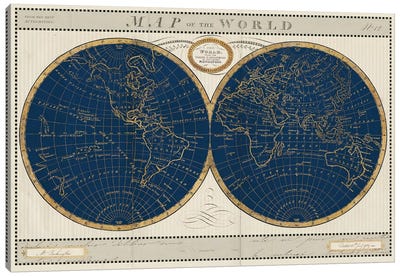 Torkingtons World Map Indigo Globes Canvas Art Print - Sue Schlabach