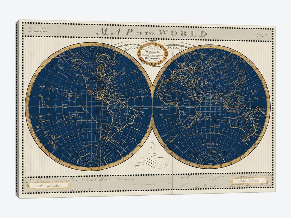 Torkingtons World Map Indigo Globes by Sue Schlabach 1-piece Canvas Print