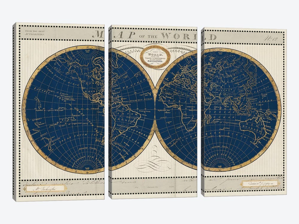 Torkingtons World Map Indigo Globes by Sue Schlabach 3-piece Canvas Print