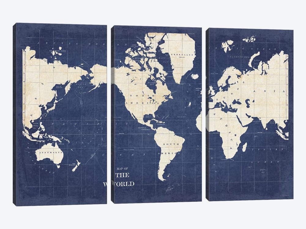 Blueprint World Map - No Border by Sue Schlabach 3-piece Canvas Art Print