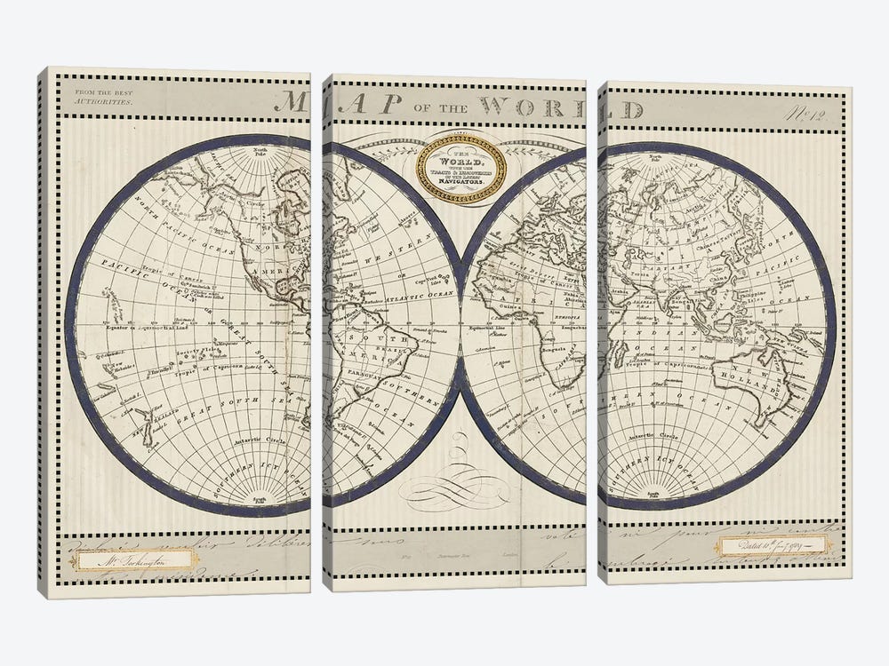 Torkingtons World Map with Indigo by Sue Schlabach 3-piece Canvas Artwork
