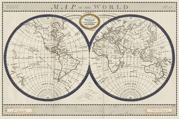Large Map Art - Canvas Prints: Torkingtons World Map with Indigo by Sue Schlabach