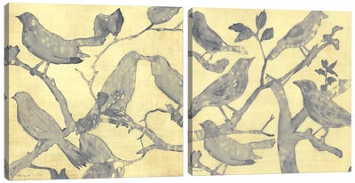 Yellow Gray Birds Diptych Canvas Art Print