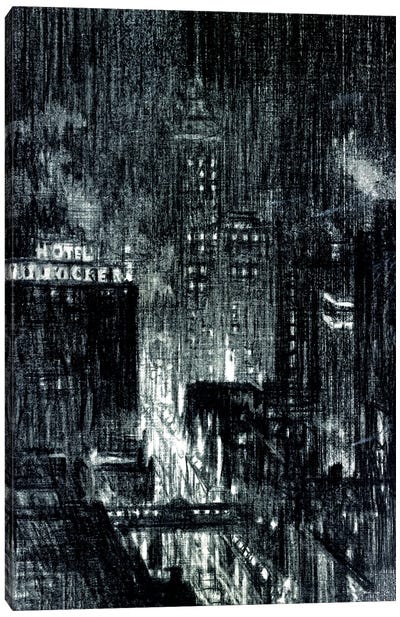 Manhattan Night Canvas Art Print - Black & White Cityscapes