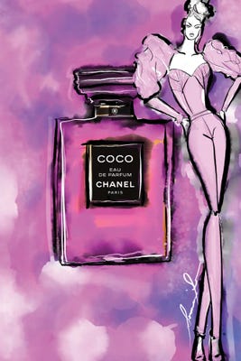 Sonia Stella Canvas Wall Decor Prints - Gabrielle Chanel Perfume Watercolor Painting ( Fashion > Hair & Beauty > Perfume Bottles art) - 40x26 in