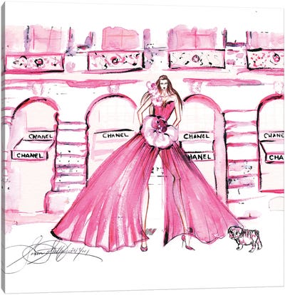 Pink Chanel Shop Watercolor Canvas Art Print - Bulldog Art
