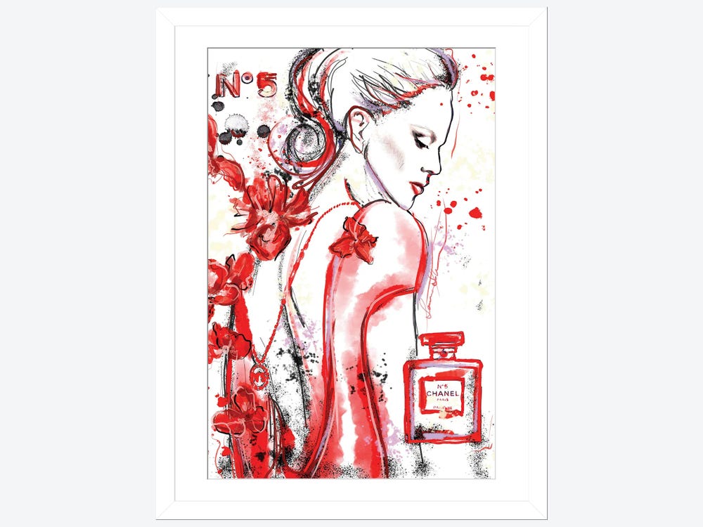 Chanel No 5 Nicole Kidman in Red Watercolor Painting - Canvas Print Wall Art by Sonia Stella ( Fashion > Hair & Beauty > Perfume Bottles art) - 12x8