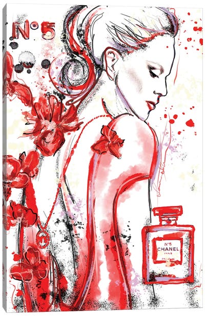 Chanel No 5 Nicole Kidman In Red Watercolor Painting Canvas Art Print - Sonia Stella