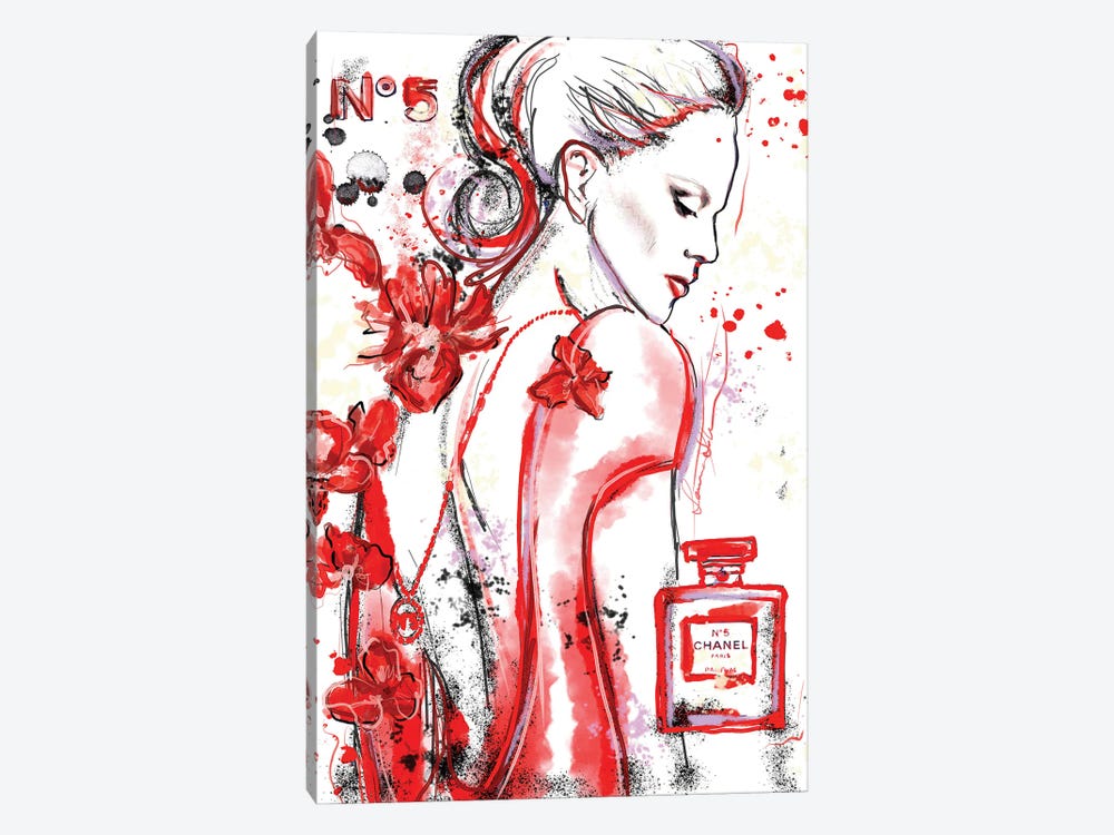 Chanel No 5 Nicole Kidman In Red Watercolor Painting by Sonia Stella 1-piece Canvas Wall Art