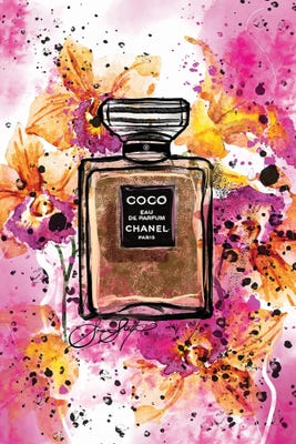 Coco Chanel Perfume Bottle Print  Pink Roses Watercolor Wall Art
