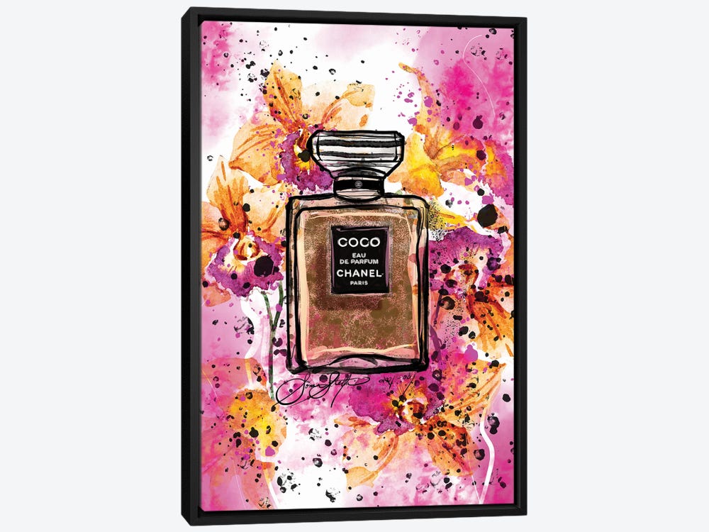 Framed Canvas Art - Coco Chanel Perfume Bottle Art Watercolor Painting by Sonia Stella ( Fashion > Hair & Beauty > Perfume Bottles art) - 26x18 in
