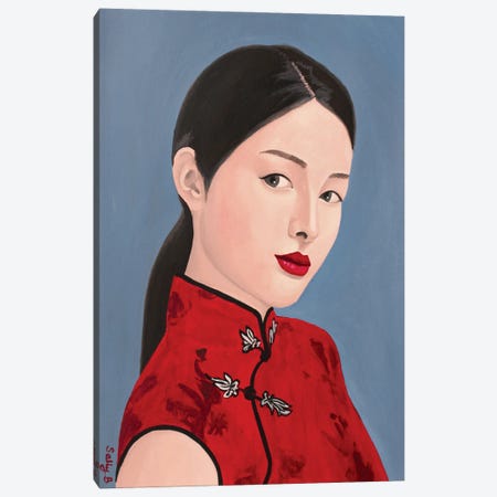 Chinese Lady In Red Cheongsam Canvas Print #SLY105} by Sally B Canvas Art