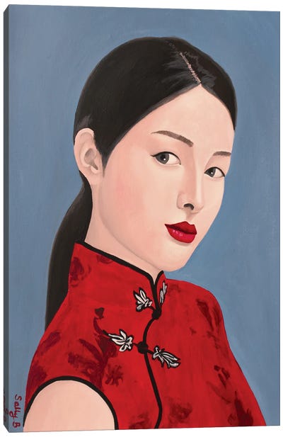 Chinese Lady In Red Cheongsam Canvas Art Print - Chinese Décor