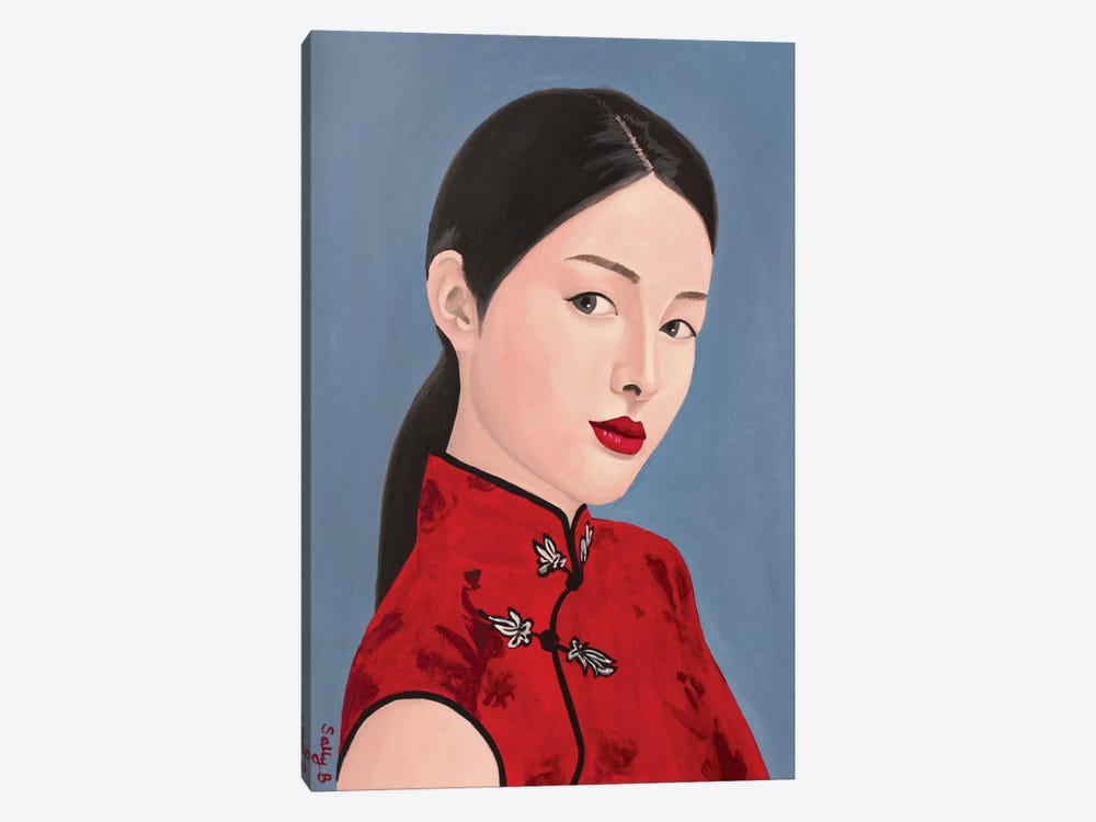 Chinese Lady In Red Cheongsam by Sally B 1-piece Canvas Wall Art