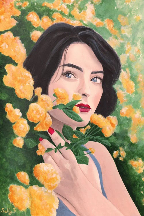 Woman In Orange Flower Garden