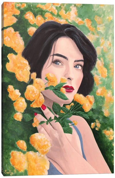 Woman In Orange Flower Garden Canvas Art Print - Sally B