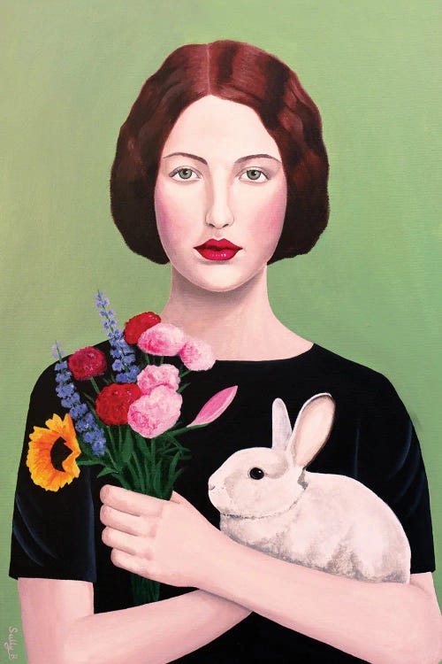 Woman With Rabbit And Flowers