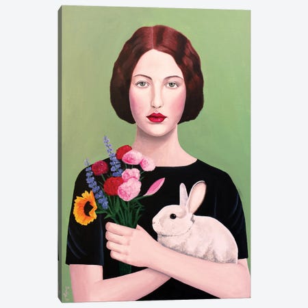 Woman With Rabbit And Flowers Canvas Print #SLY108} by Sally B Canvas Print