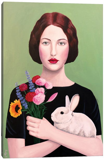 Woman With Rabbit And Flowers Canvas Art Print - Sally B