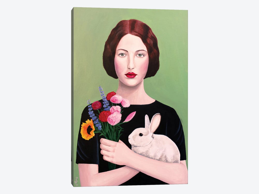 Woman With Rabbit And Flowers by Sally B 1-piece Art Print