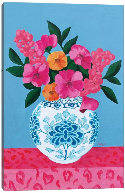 Chinoiserie Vase And Flowers Canvas Art Print - Charming Blue
