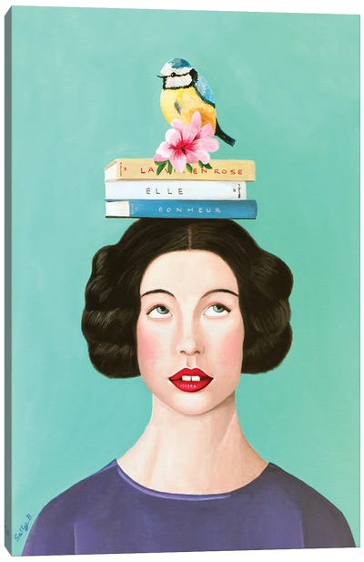 Woman With Books And Bird Canvas Art Print - Sally B