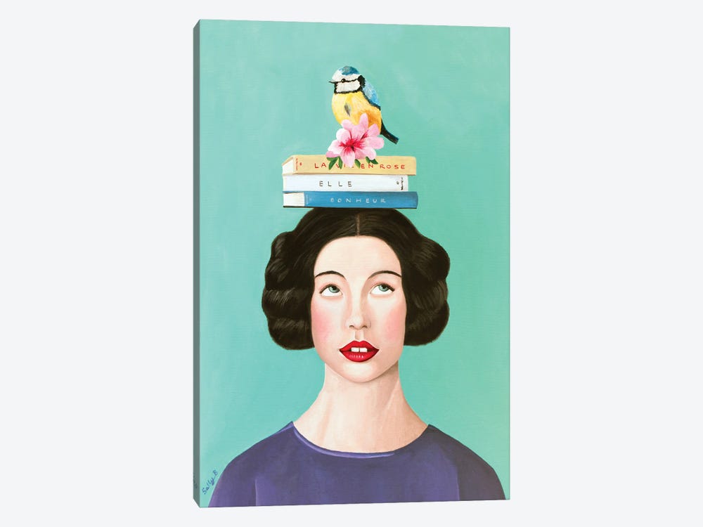 Woman With Books And Bird by Sally B 1-piece Canvas Art