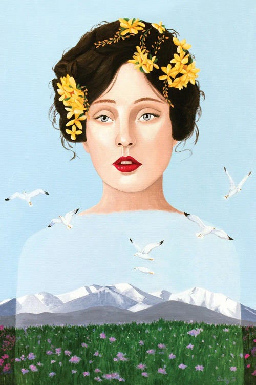 Lady Mountain With Seagulls And Flower Field