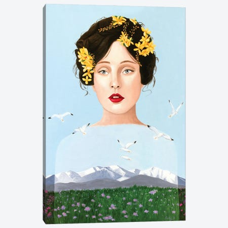 Lady Mountain With Seagulls And Flower Field Canvas Print #SLY111} by Sally B Canvas Wall Art