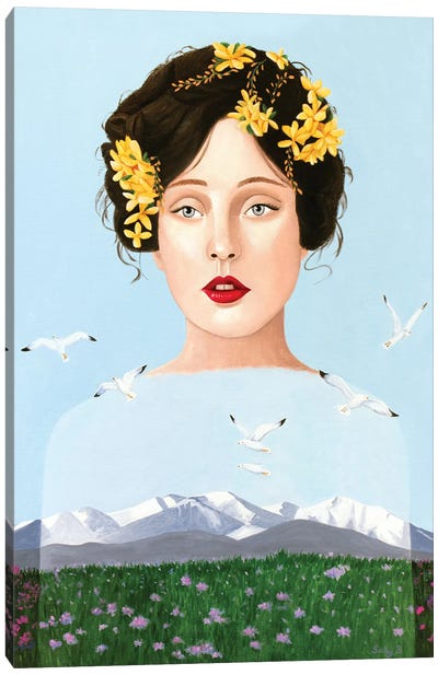 Lady Mountain With Seagulls And Flower Field Canvas Art Print - Sally B