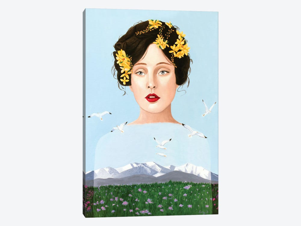 Lady Mountain With Seagulls And Flower Field by Sally B 1-piece Art Print