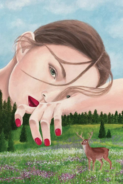 Woman With Deer In Nature