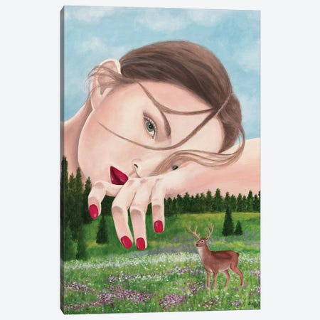 Woman With Deer In Nature Canvas Print #SLY119} by Sally B Canvas Artwork