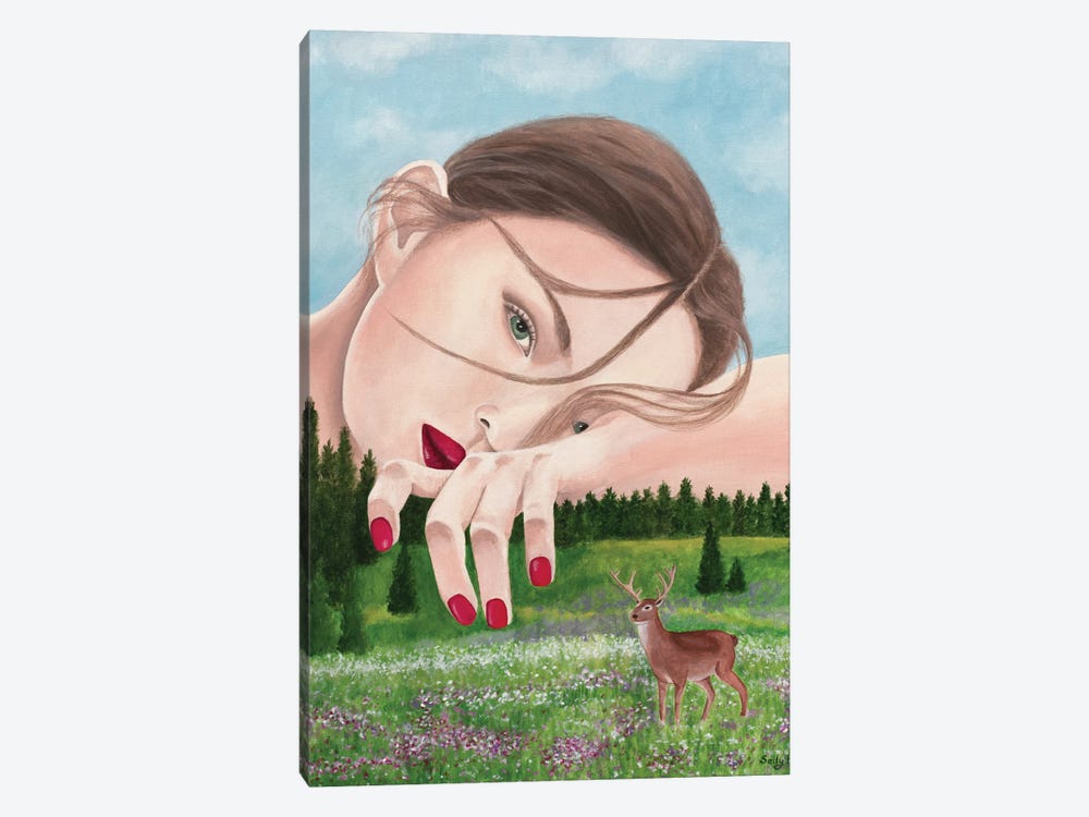 Woman With Deer In Nature by Sally B 1-piece Art Print