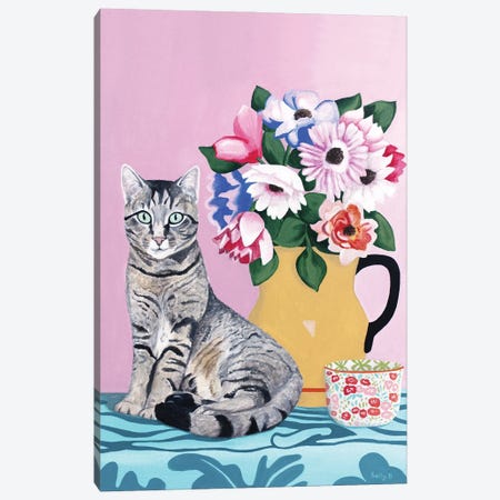 Cat With Flowers And Cup Canvas Print #SLY121} by Sally B Canvas Print