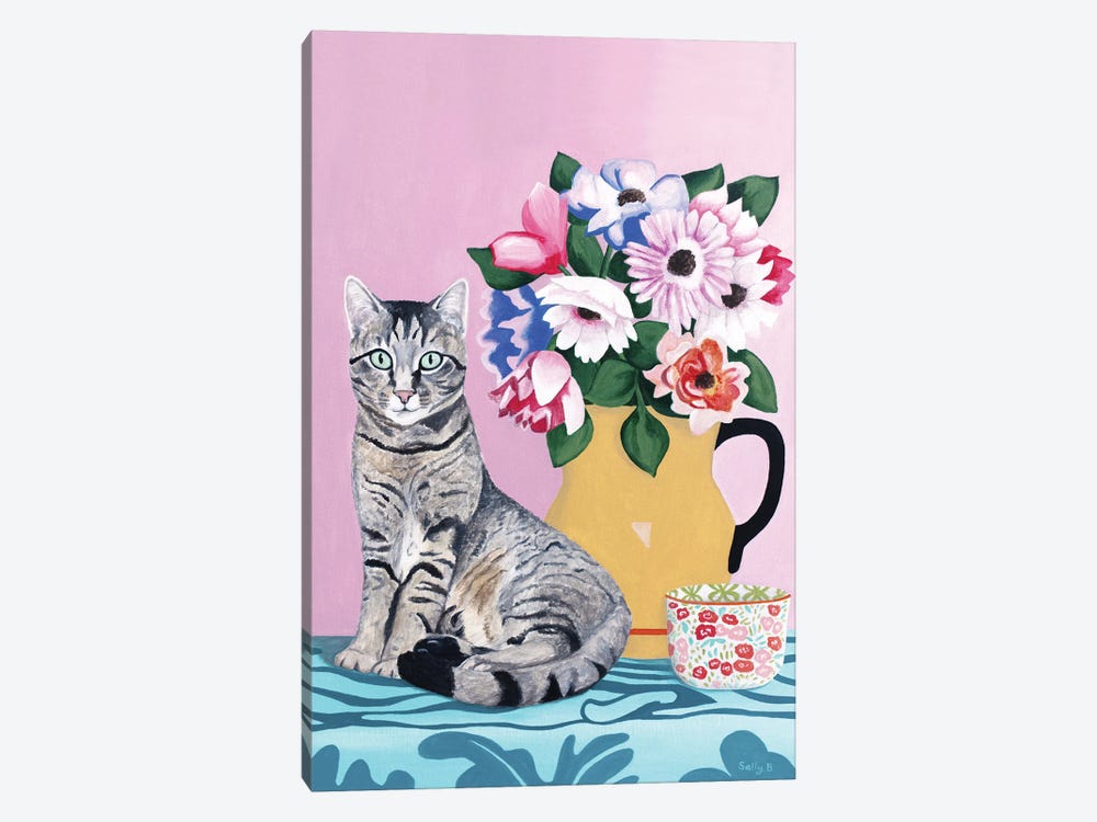 Cat With Flowers And Cup by Sally B 1-piece Canvas Art