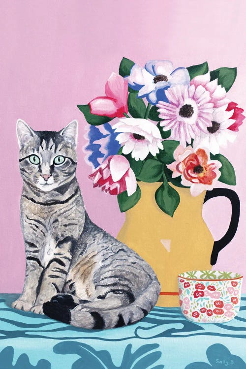 Cat With Flowers And Cup