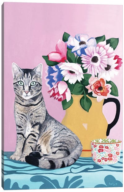 Cat With Flowers And Cup Canvas Art Print - Sally B