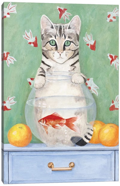 Cat And Fishbowl Canvas Art Print - Goldfish Art