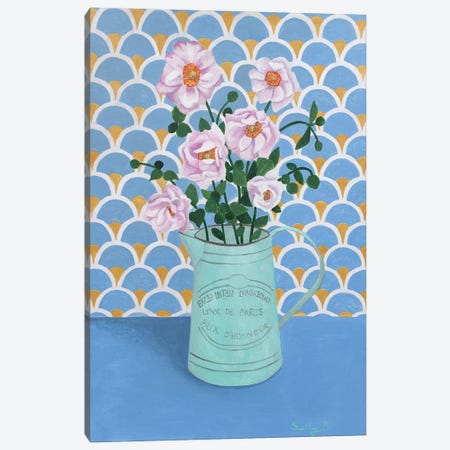 Flowers In Green Jug Canvas Print #SLY124} by Sally B Canvas Wall Art