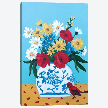 Chinoiserie Vase With Flowers And Bird Canvas Print #SLY12} by Sally B Canvas Art Print