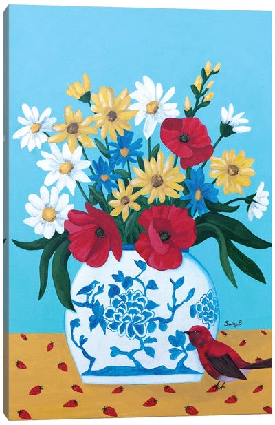 Chinoiserie Vase With Flowers And Bird Canvas Art Print - Charming Blue