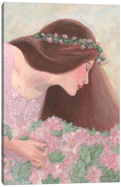 Long Hair Woman With Pink Flowers Canvas Art Print - Sally B
