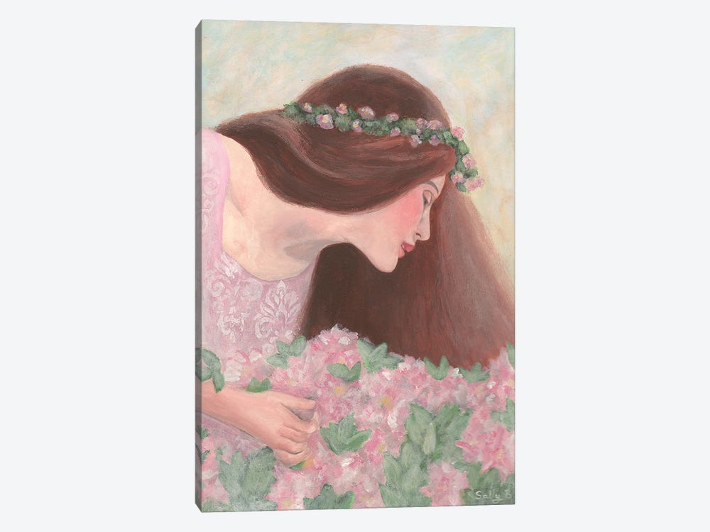 Long Hair Woman With Pink Flowers by Sally B 1-piece Canvas Art Print