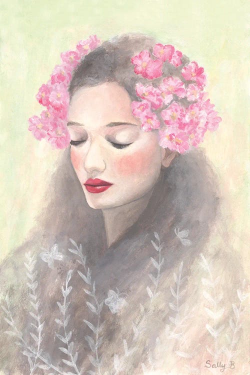 Woman With Pink Flowers On Long Hair